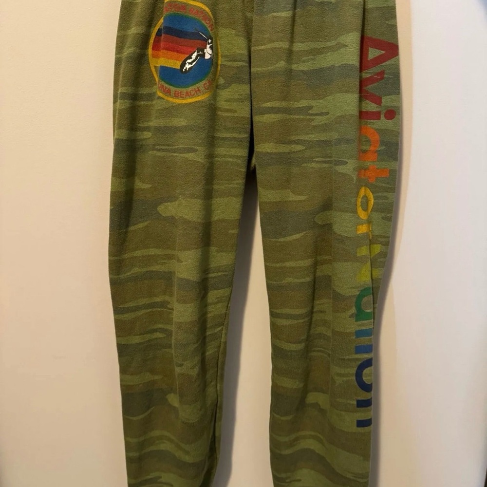 Aviator Nation Green Camo Track Pants with Rainbow Logo